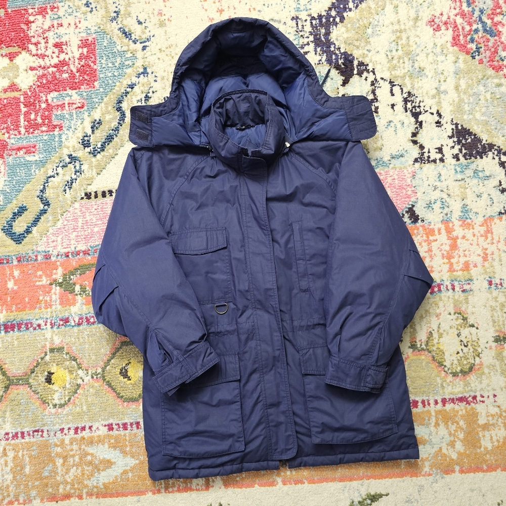 Rock Creek Waterfowl Feather Down Winter Coat Mens Size Medium Hooded Blue